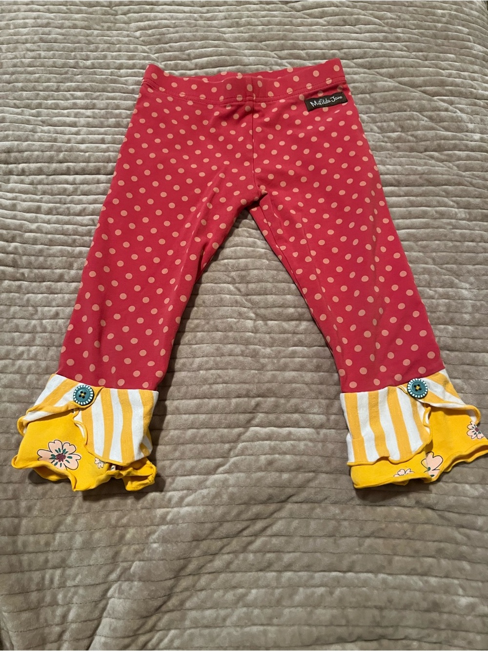 Matilda Jane Pink Polka Dot Leggings with Yellow Ruffle Cuffs